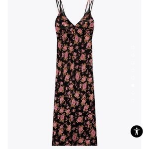 Zara Black Maxi Slip Dress with Pink Floral Print